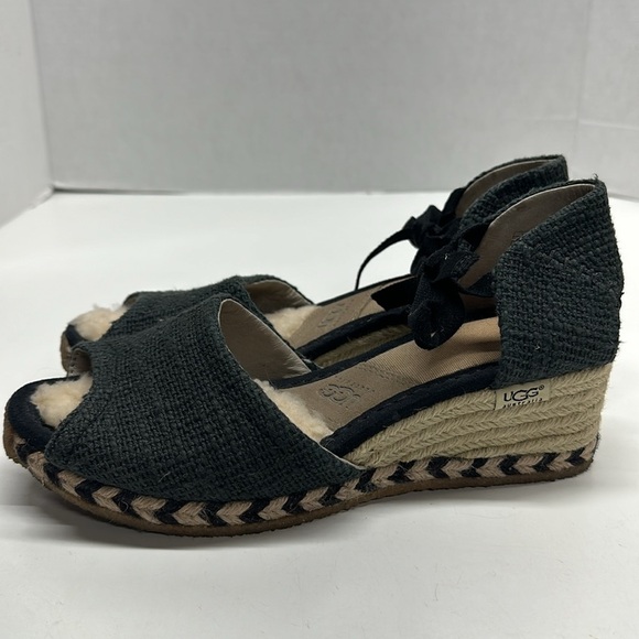 Ugg Wedges Heels Open Toe Sandals Shoes Tie Ankle Strap Espadrilles Black Size 9 - Picture 2 of 10
